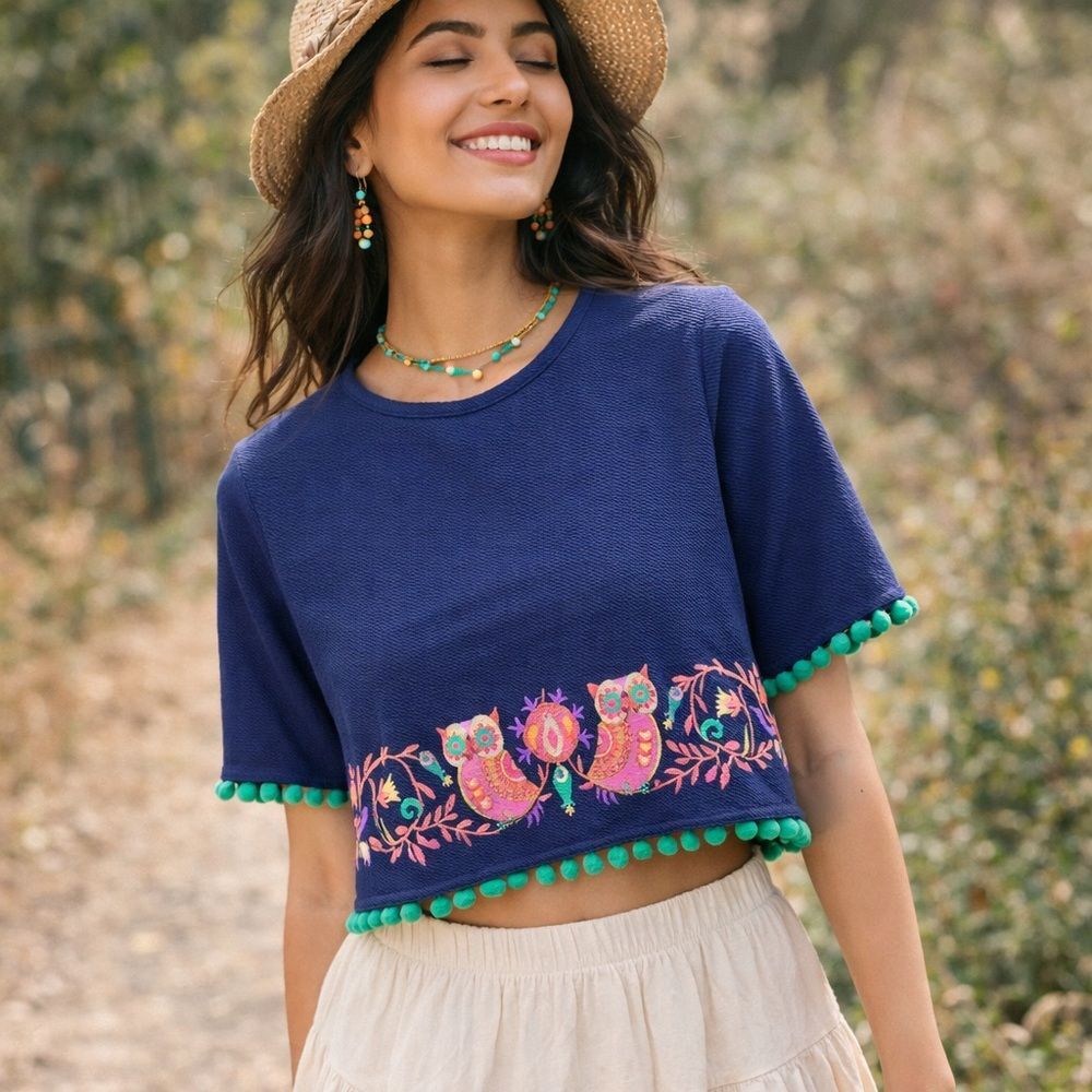 Chumbak Owl Embroidered Crop Top – Whimsical Folk Boho, Indie Sleaze, Festival